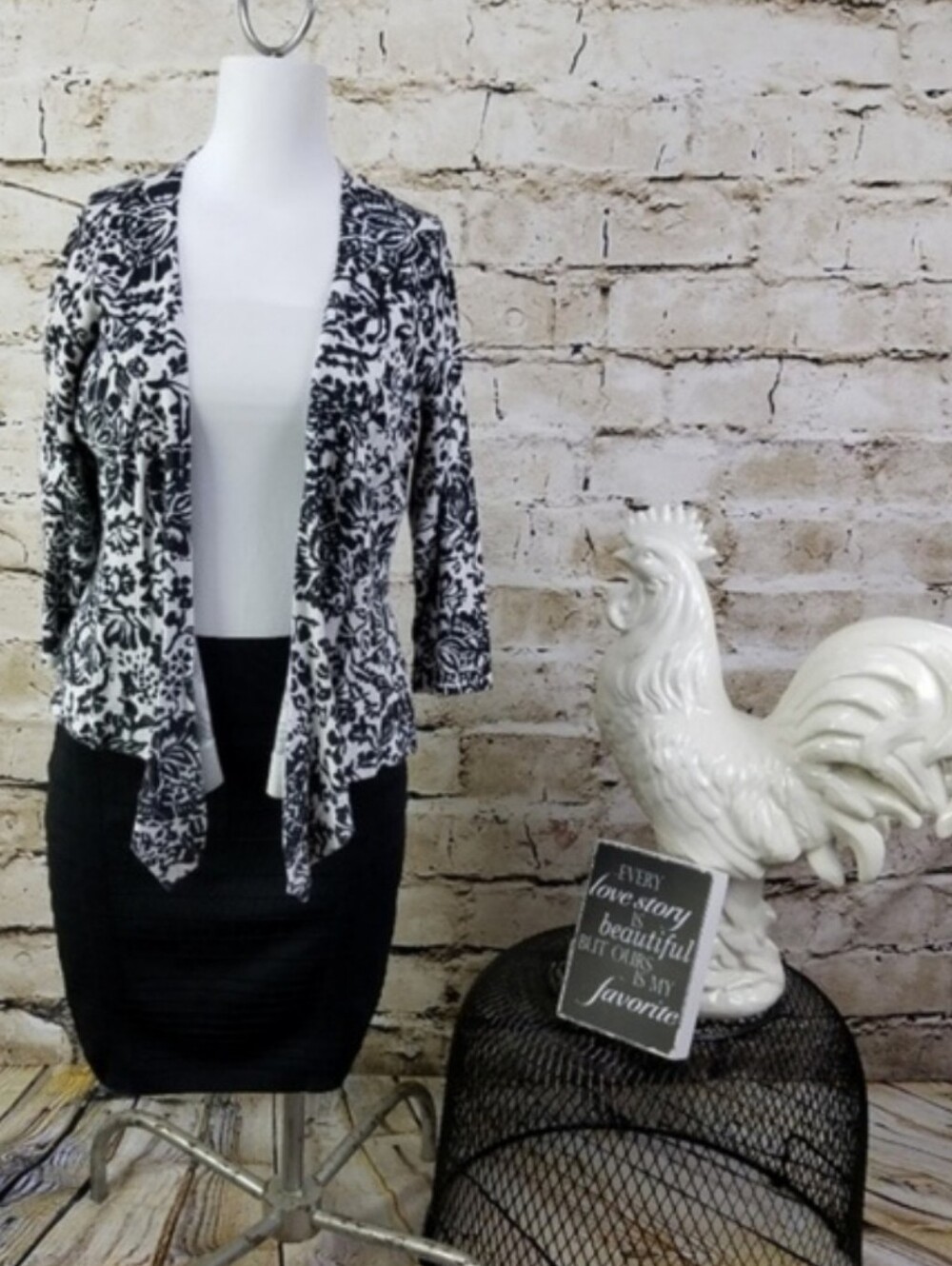 Kenar Black White Open Front Cardigan Draped Floral Roses Work Career Preppy M